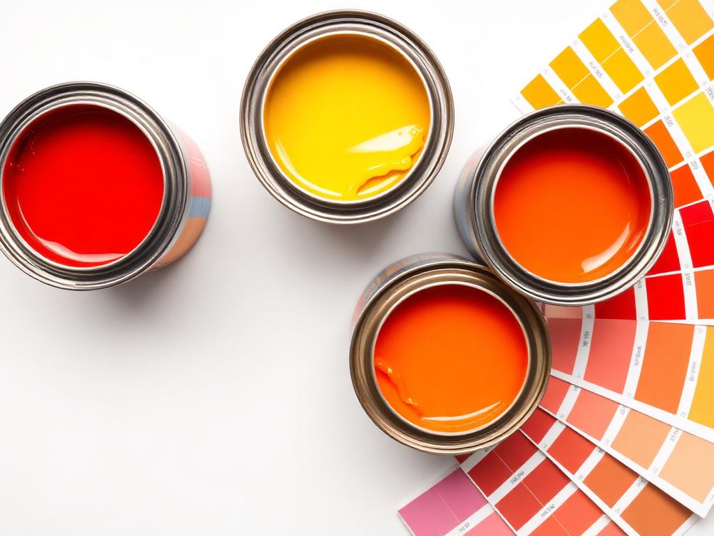 Geöffnete Lackdosen in Rot, Gelb und Orange mit Farbfächern